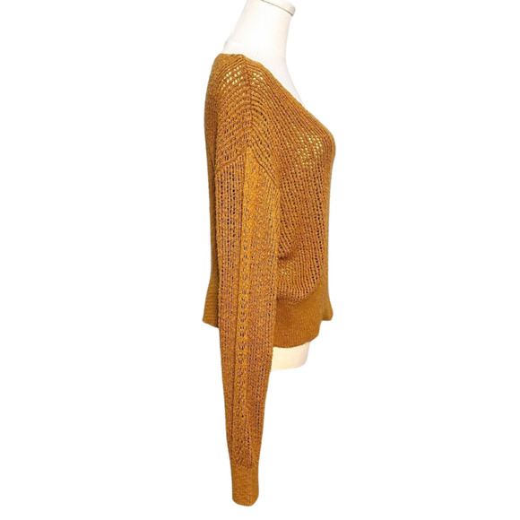 Billabong Feel the Breeze Mustard Brown Open Knit V Neck Cropped Sweater Small - Picture 3 of 7